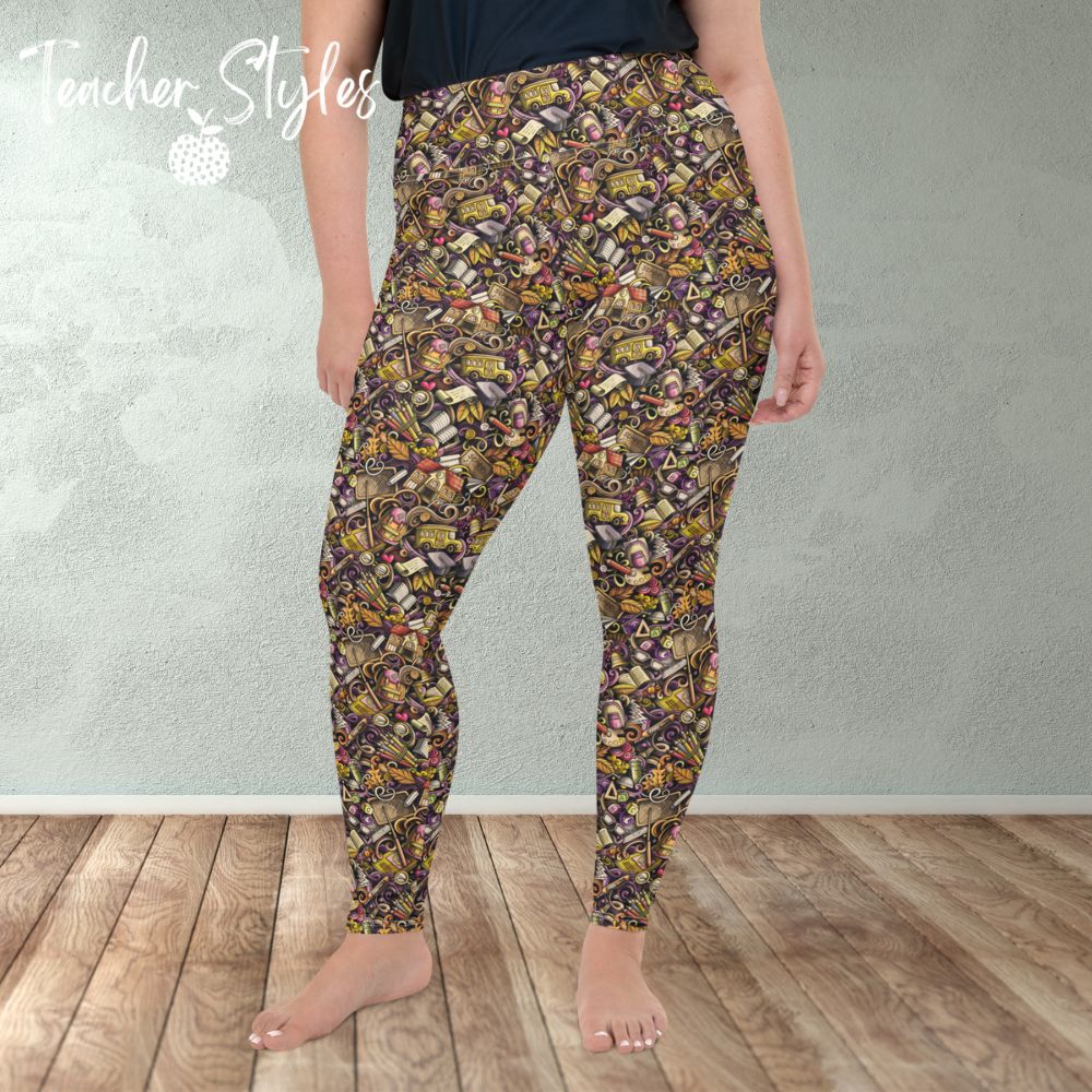 School Days Leggings by Teacher Styles. Model shown from the waist down. Leggings feature purple accents and colorful education graphics - pencils, books, bells, school buses and more! Plus size. Front view.