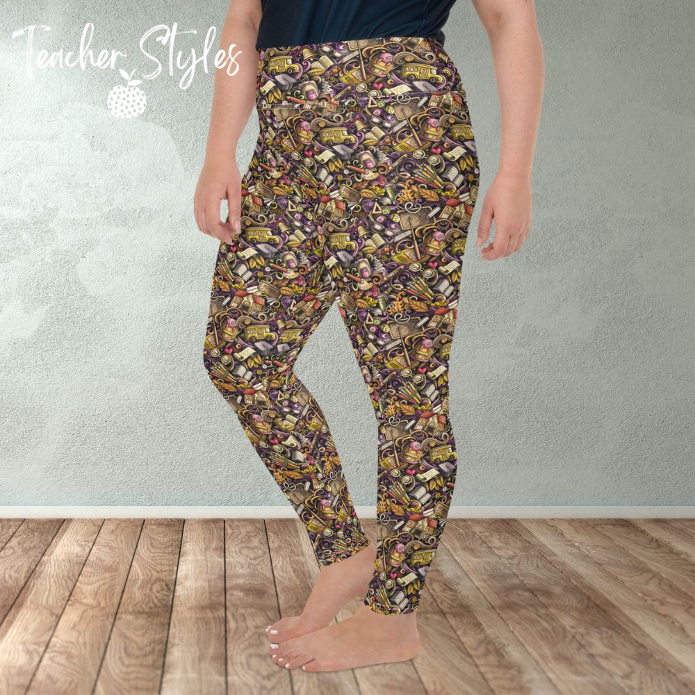 School Days Leggings by Teacher Styles. Model shown from the waist down. Leggings feature purple accents and colorful education graphics - pencils, books, bells, school buses and more! Plus size. Side view.