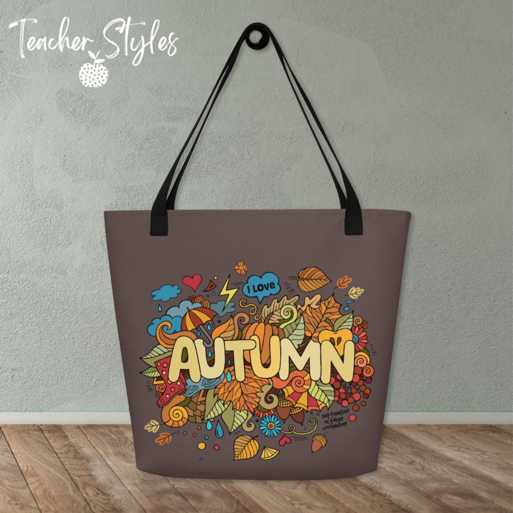 Autumn Large Tote Bag by Teacher Styles.  Chicory brown  tote with whimsical autumnal doodle with the word Autumn in bubble letters.