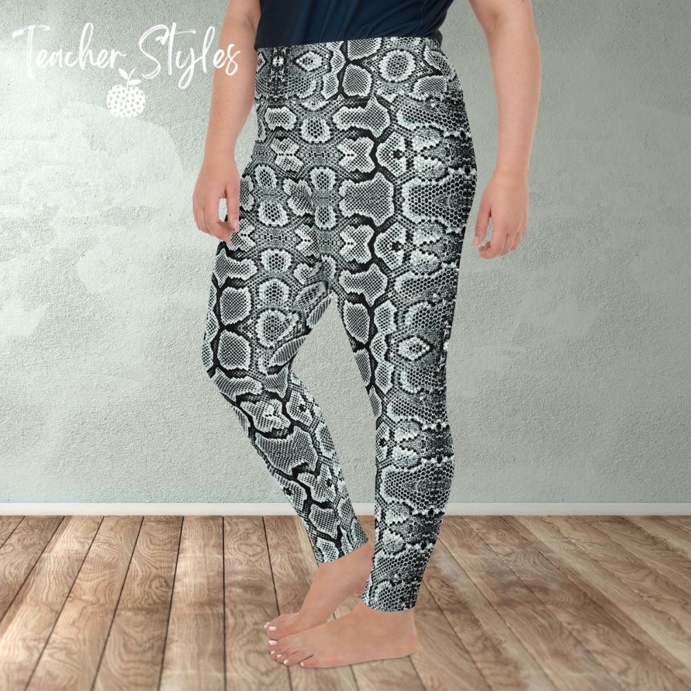 Snake Print leggings by Teacher Styles. Model is shown from the waist down. Leggings are covered in snake skin pattern in various tones of grey. Front view.