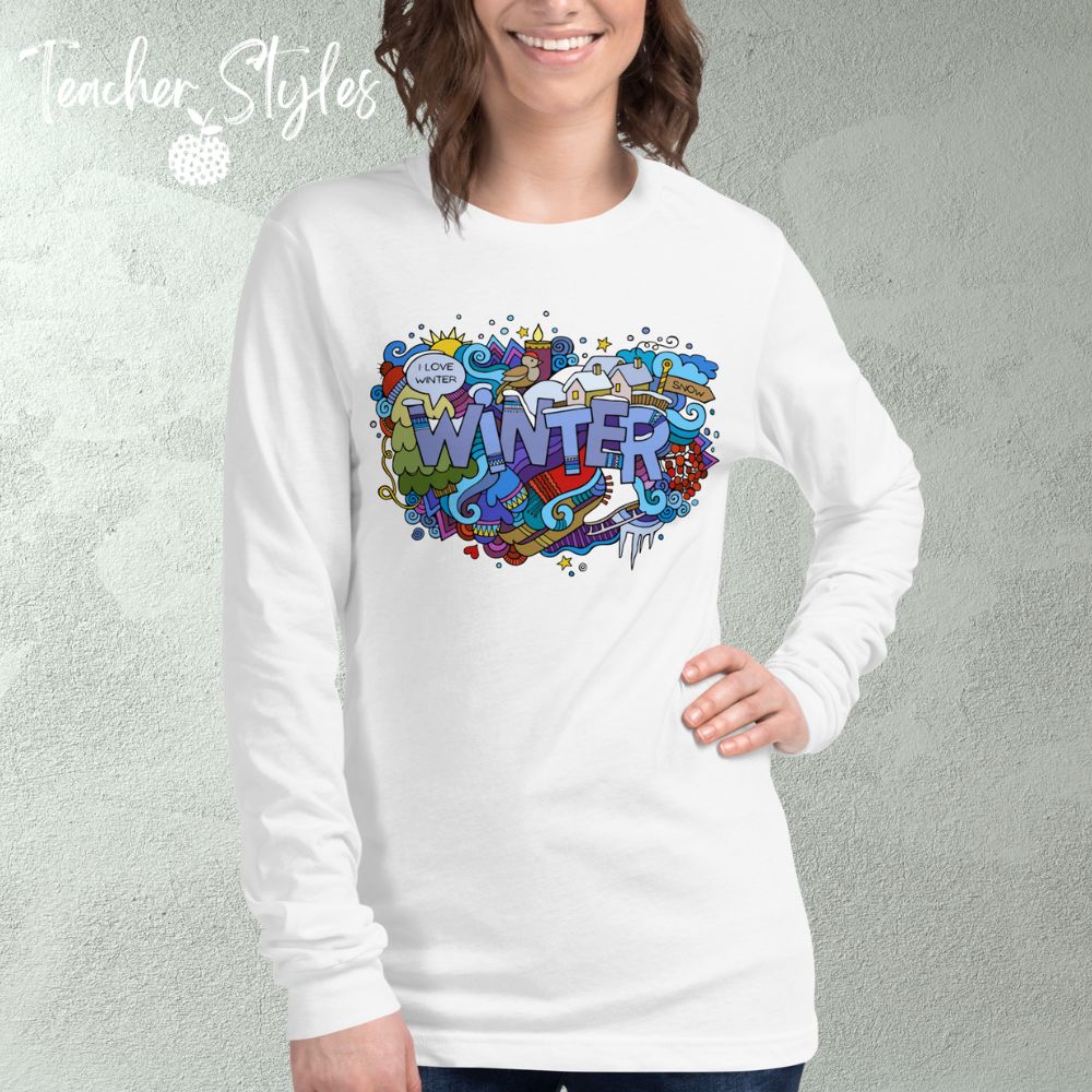 Winter Long sleeve T-shirt by Teacher Styles. Model is shown from the waist up. White tshirt with the word Winter in block letters surrounded by winter doodle of snow and skates and more!